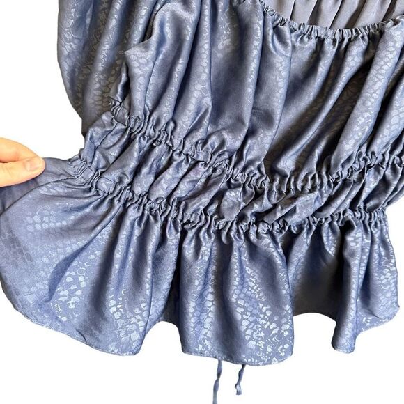 NSR Smocked Puff Sleeve Tie Front Off Shoulder Peplum Peasant Blouse - Picture 7 of 10